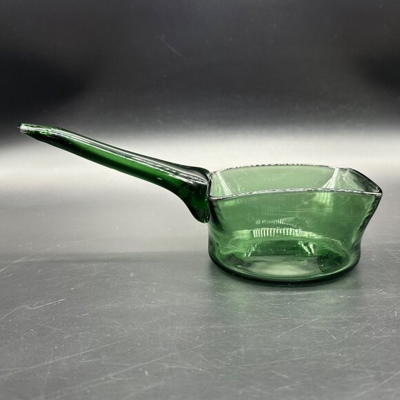Vintage Green Art Glass Scoop Pan Handmade Square Planter Dish Applied Handle - Picture 4 of 13